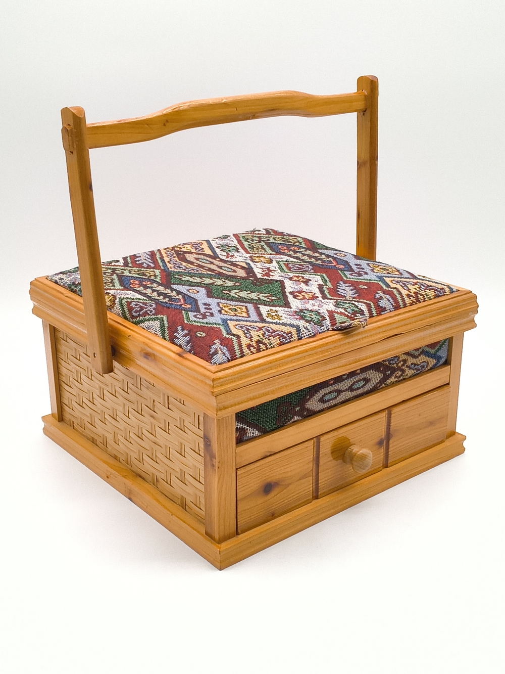 Vintage 70s/80s Wooden Sewing Basket Box Organizer - Tapestry Lid, Drawer
